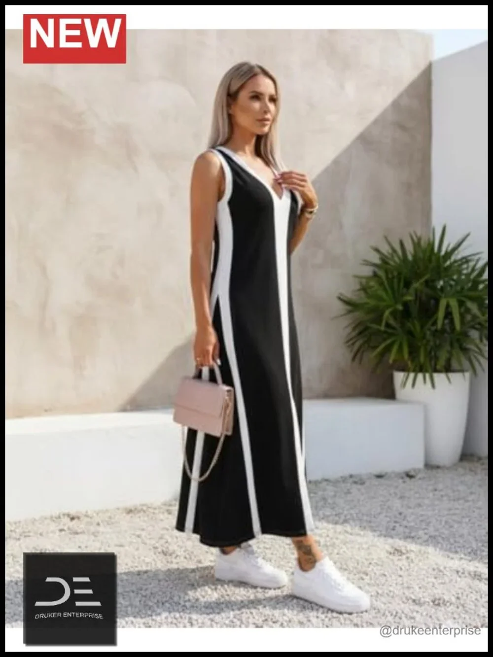 Sleeveless V Neck Color Block Midi Dress with Slit